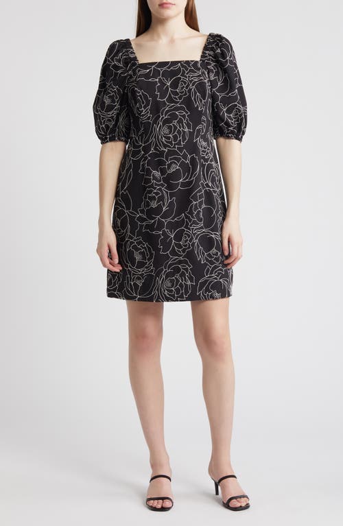 Anne Klein Floral Embroidered Puff Sleeve Shift Dress Black/Ivory She at Nordstrom,