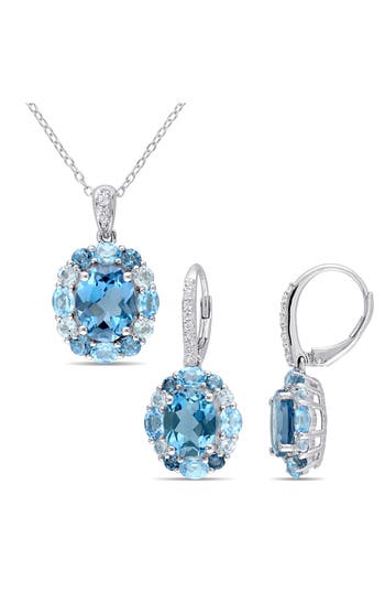 Delmar London Blue Topaz & Blue Topaz Drop Earrings & Necklace Set In Blue