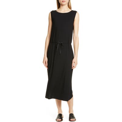 Petite Eileen Fisher Drawstring Stretch Tencel Lyocell Midi Dress, Black