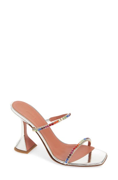 Click to view more detailed imagery on our partner's website Amina Muaddi Women's Gilda Embellished Mirror Leather Mules In Silver