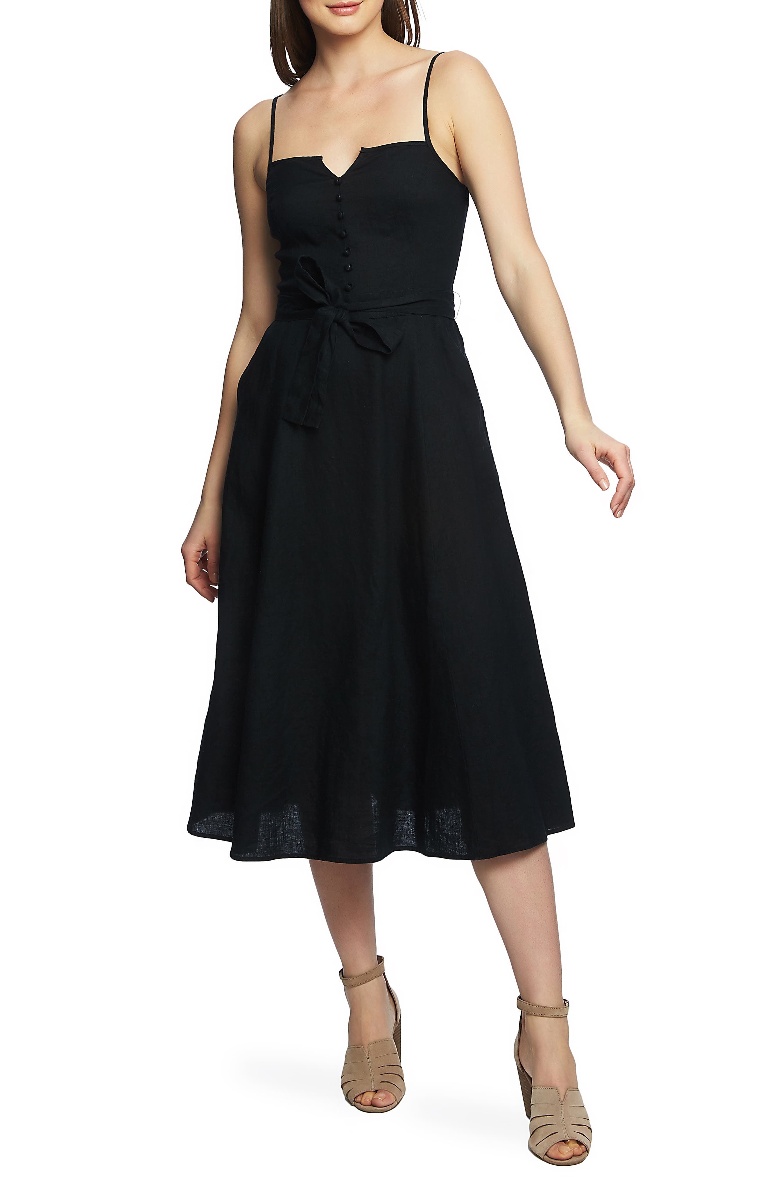 1.state Button Front Midi Linen Sundress, Black