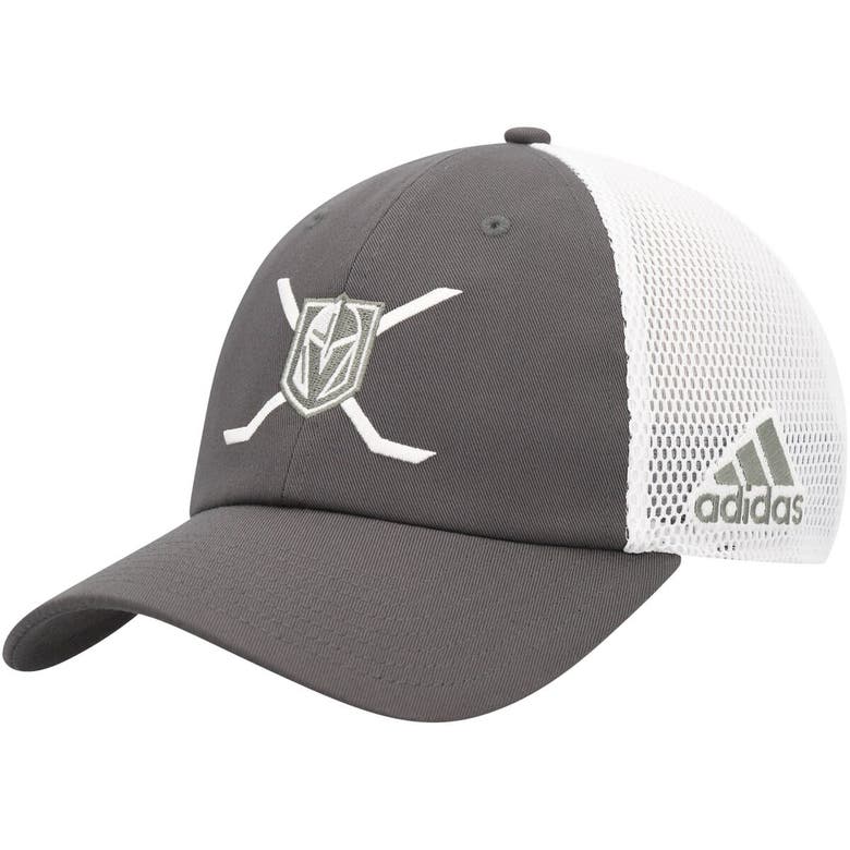 Shop Adidas Originals Adidas Gray/white Vegas Golden Knights Cross Sticks Trucker Adjustable Hat