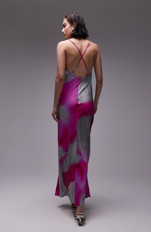 Topshop High Cowl Neck Maxi Dress In Pink Blurred Print In Pink