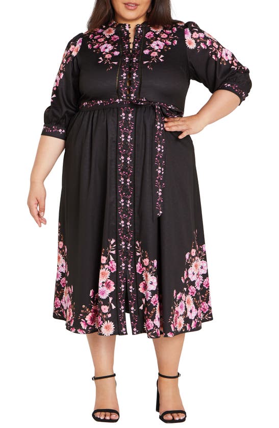 City Chic Annabelle Belted Midi Shirtdress In Black Patrice Border