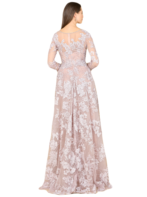 Lara New York Long Sleeve, Illusion Neck Gown In Mauve