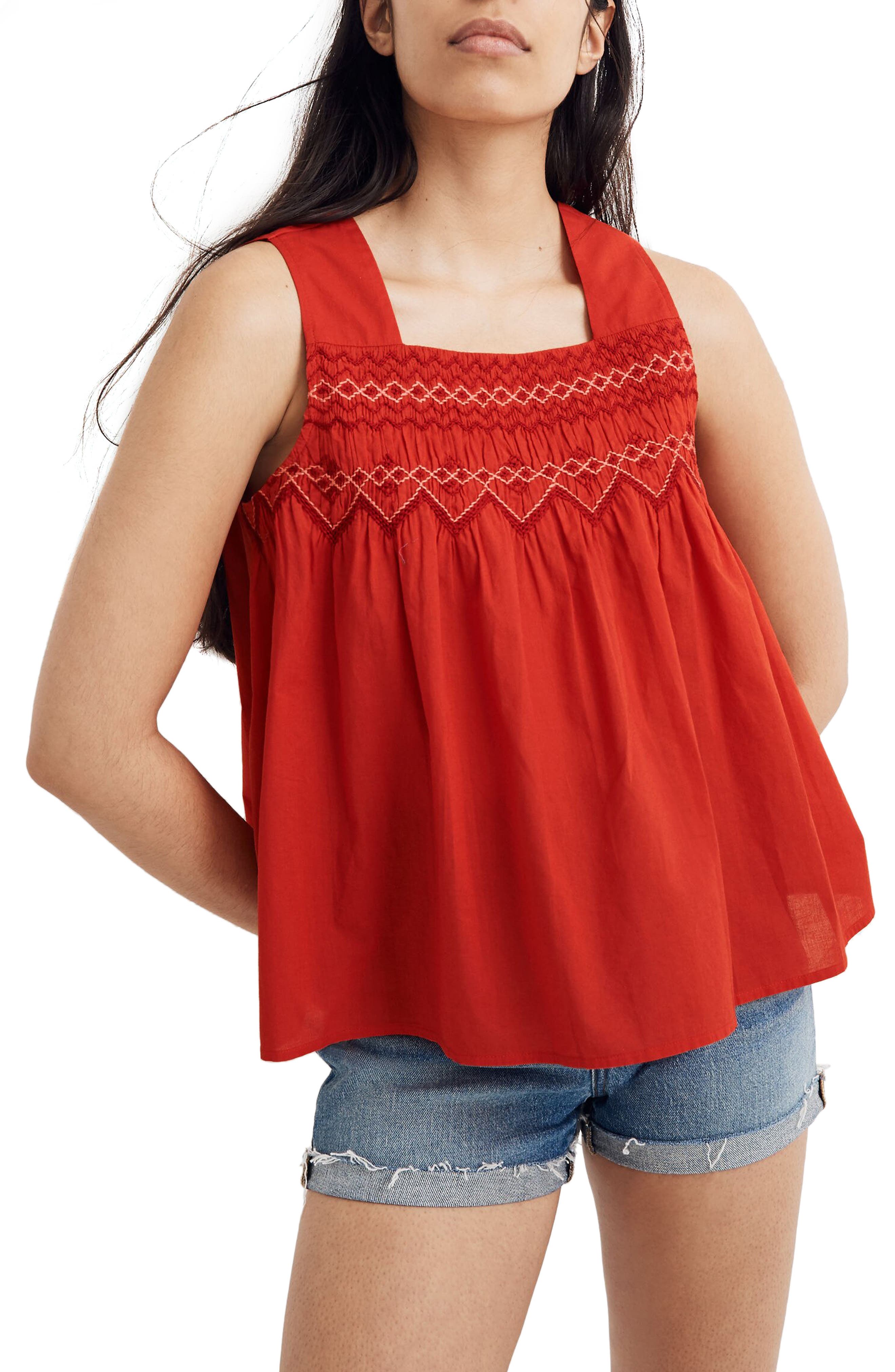 red smocked tank top