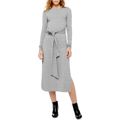 Topshop Tie Waist Long Sleeve Knit Midi Dress, US (fits like 0-2) - Grey
