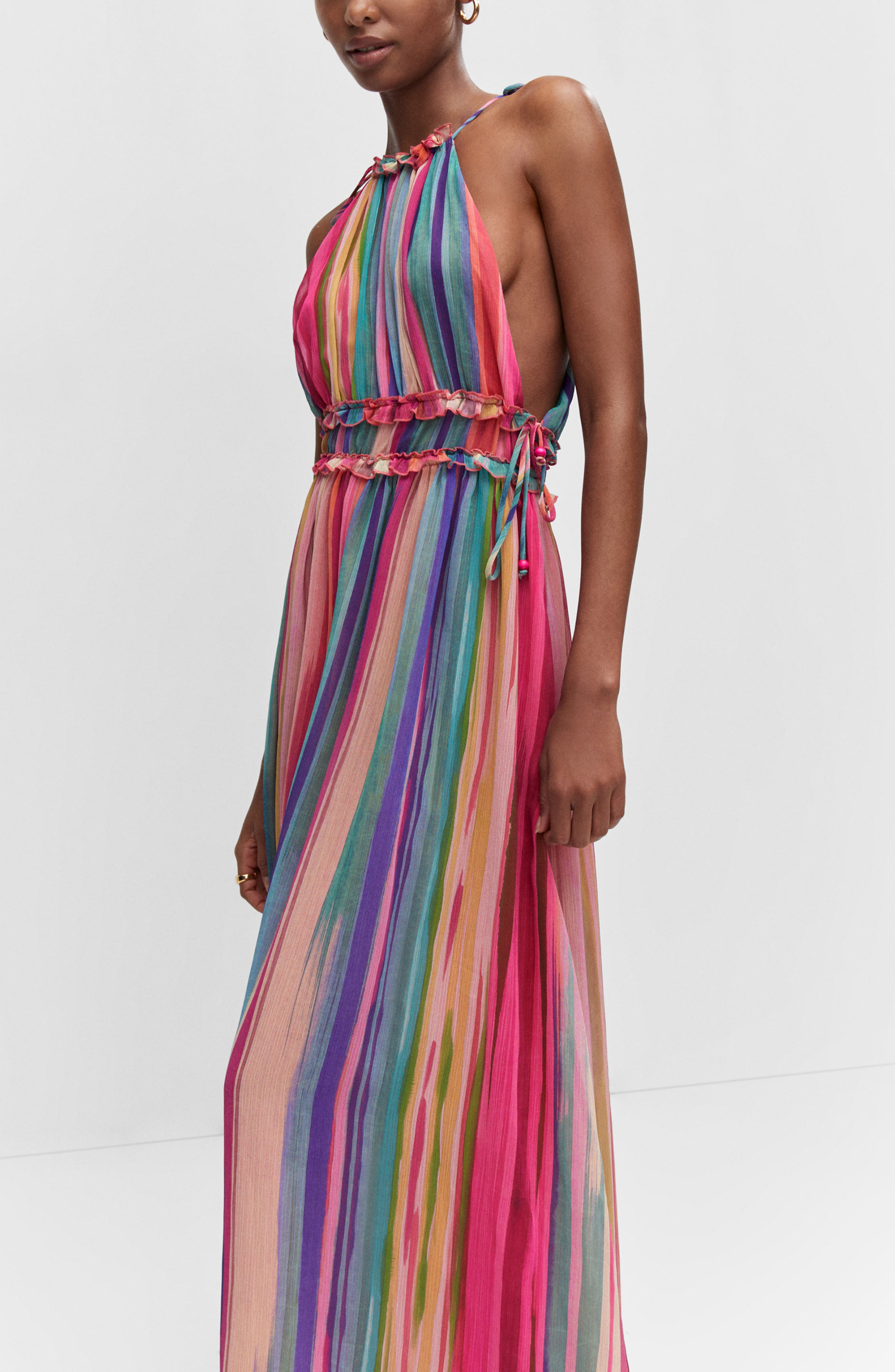 MANGO Stripe Ruffle Trim Maxi Dress in Pink | Smart Closet