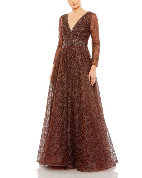 Mac Duggal Floral Embellished Illusion Long Sleeve A-line Gown In Chocolate