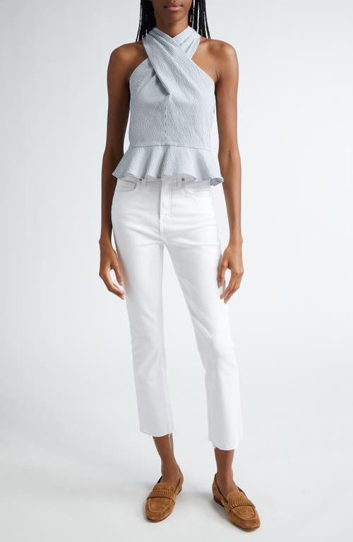 Shop Veronica Beard Drey Seersucker Peplum Top In Blue/white