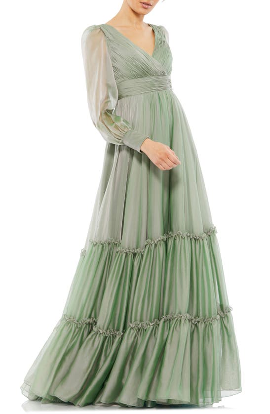 Shop Mac Duggal Long Sleeve Tiered A-line Gown In Sage