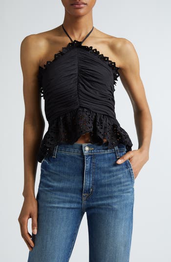 Shop Ramy Brook Michelle Eyelet Peplum Halter Top In Black