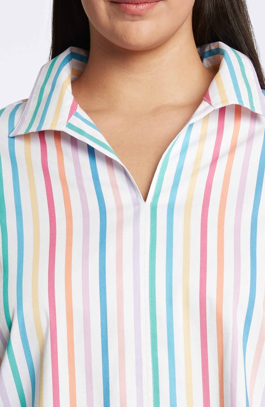 Shop Foxcroft Agnes Rainbow Stripe Three-quarter Sleeve Cotton Popover Top In White Multi Stripe