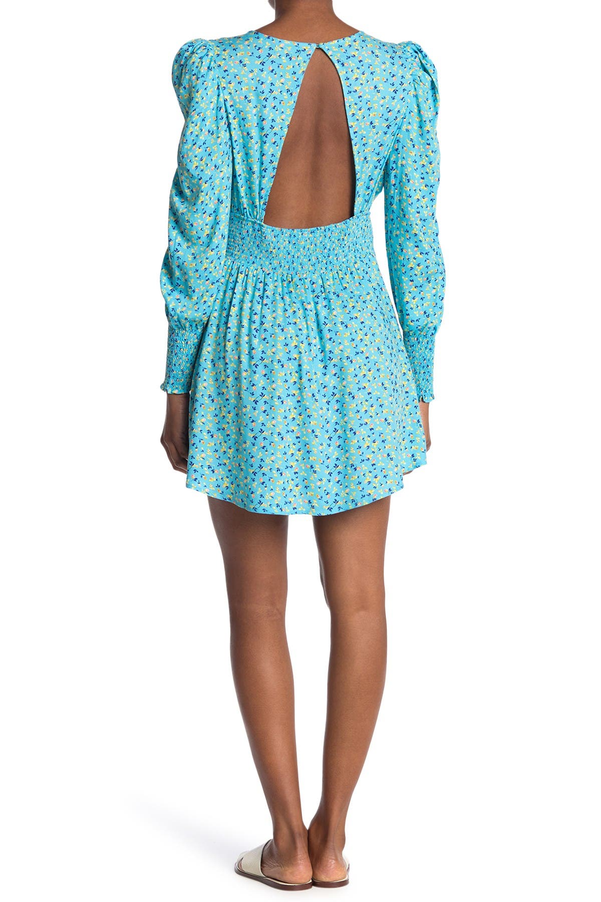 Afrm Floral Long Sleeve Cutout Smocked Mini Dress In Bright Blue