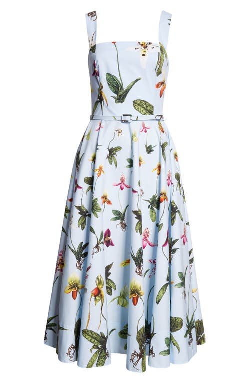 Shop Oscar De La Renta Orchids Floral Belted Midi Dress In Light Blue Multi