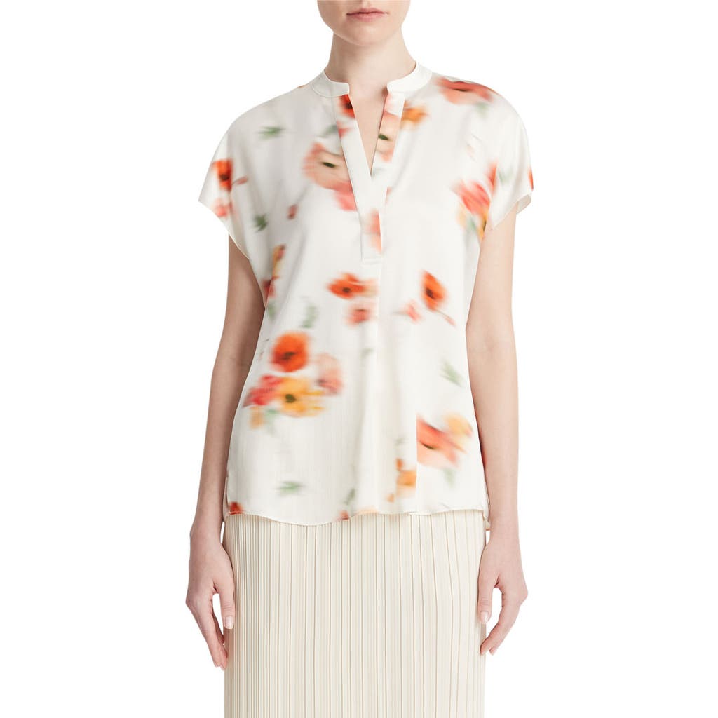 Vince Printed Split Neck Silk Top In Cream Dusk