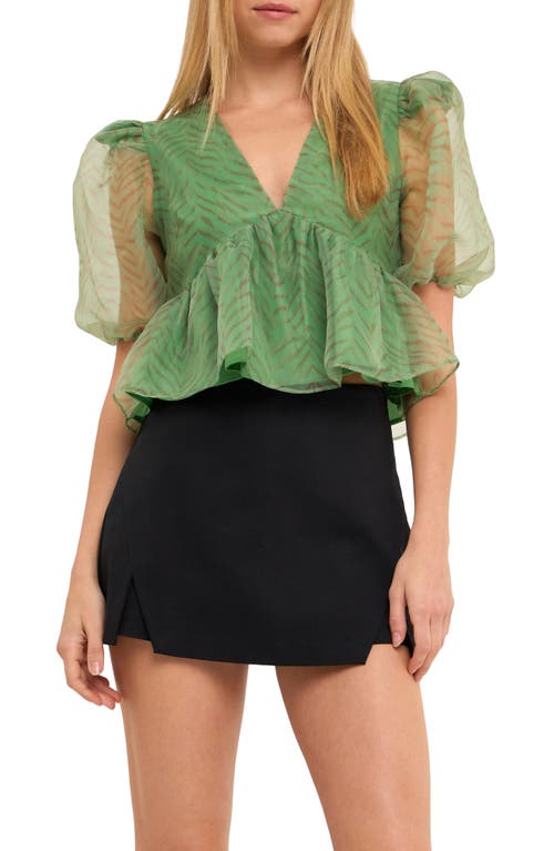 Endless Rose Zebra Print Puff Sleeve Crop Top Green Multi at Nordstrom,