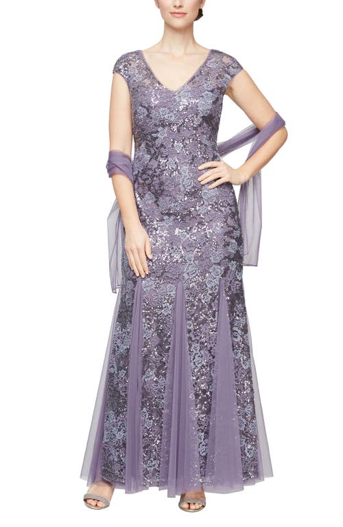 Sequin Embroidered Trumpet Gown in Icy Orchid