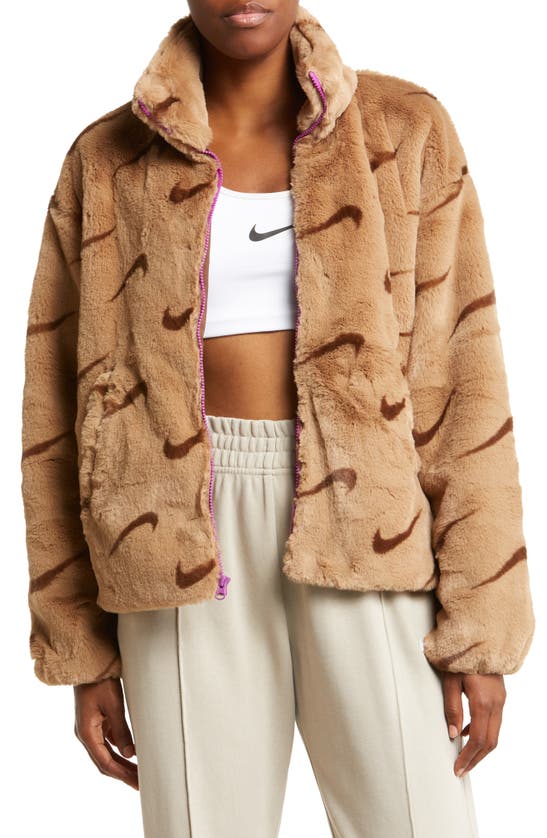 Nike Women's  Sportswear Plush Printed Faux Fur Jacket In Brown