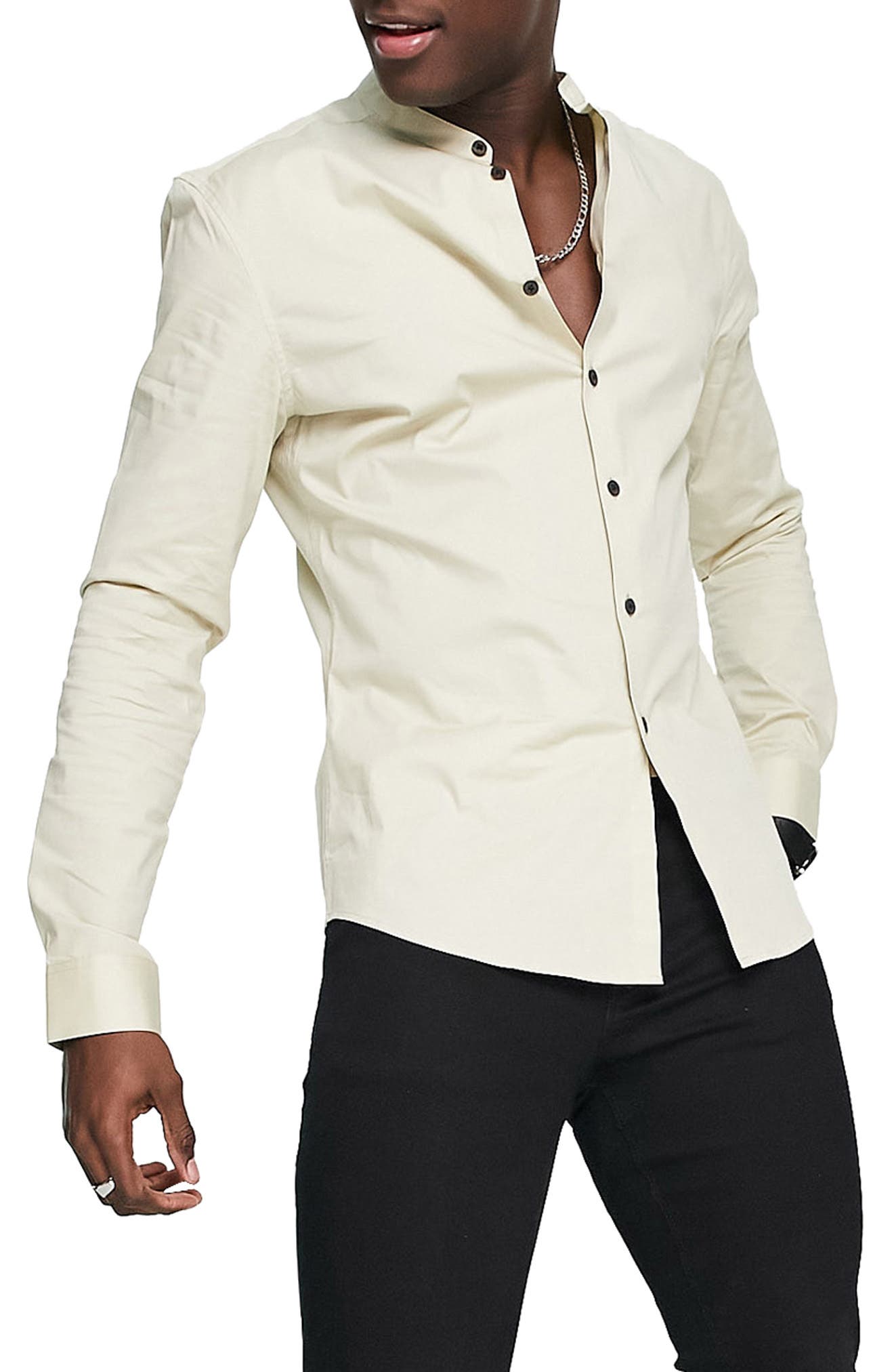 ASOS DESIGN Skinny Fit Stretch Cotton Button-Up Shirt in Stone
