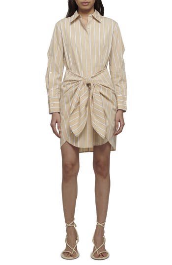 Derek Lam 10 Crosby Stripe Long Sleeve Tie Waist Shirtdress In Khaki Multi