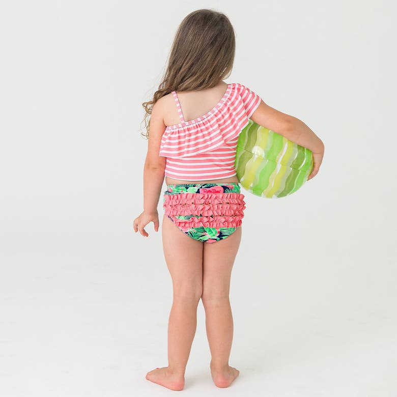 Shop Rufflebutts Baby Girls One Shoulder Ruffle Tankini In Flamingo Frenzy