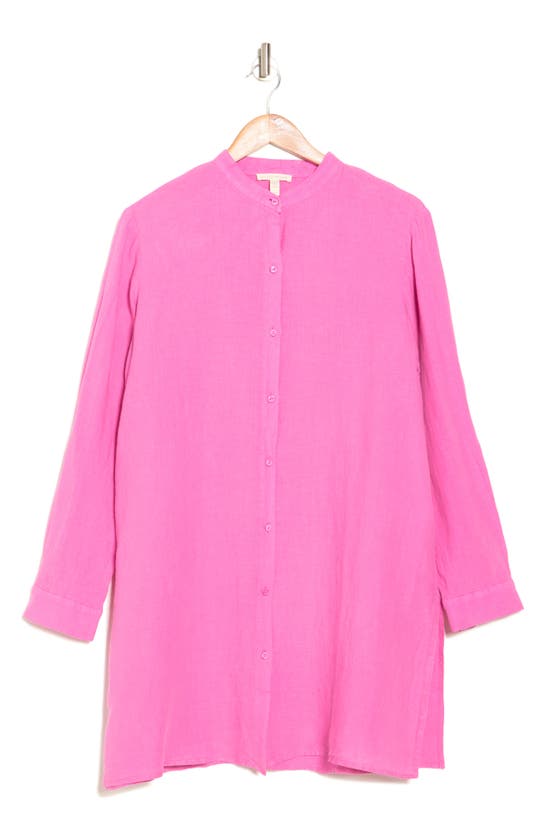 Eileen Fisher Band Collar Easy Long Linen Shirt In Pink