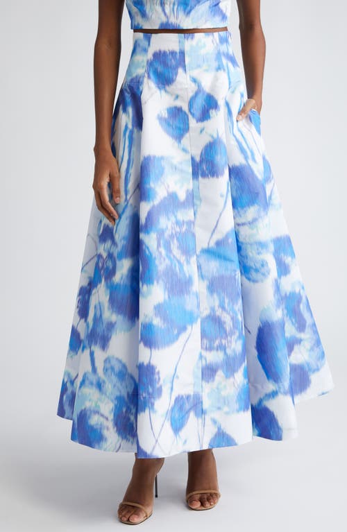 Lela Rose Floral High Waist Maxi Skirt In Ivory/blue Multi