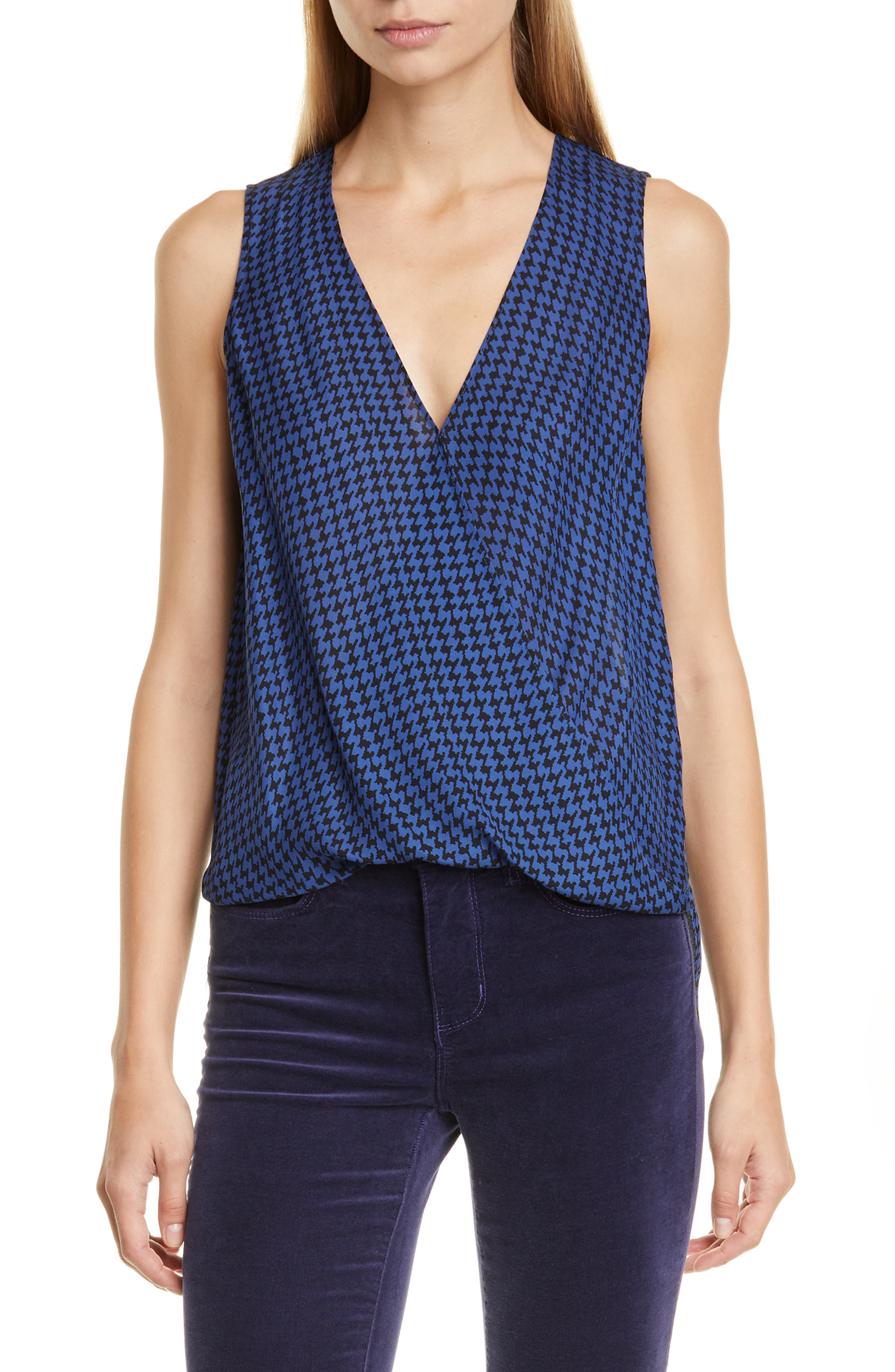 L'agence Tops Mila Draped Houndstooth Silk Surplice Blouse