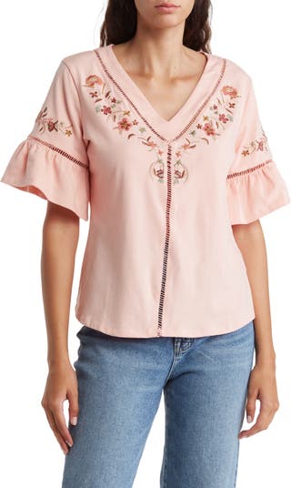 Lucky Brand Women's Open Neck Embroidered Peasant Blouse, Pink