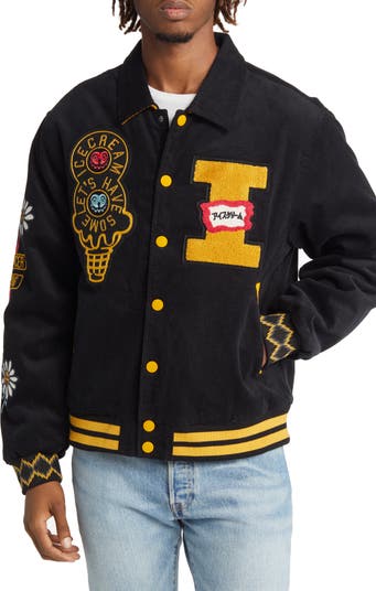 Leather Trim Corduroy Varsity Jacket _ Black