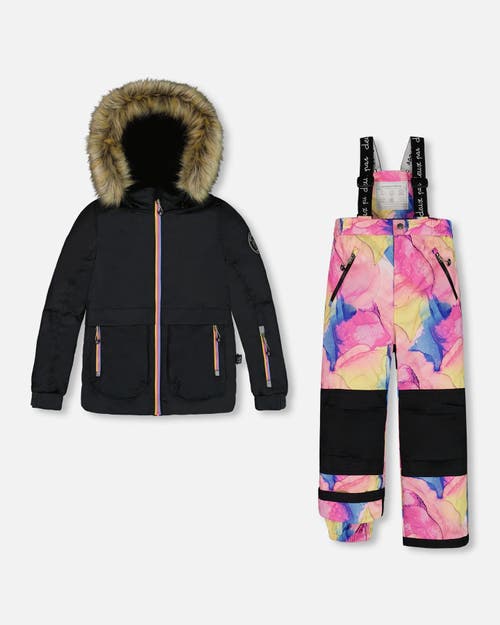 Deux Par Deux Kids'  Girl's Two Piece Snowsuit Black With Printed Multicolor In Printed Multicolor Paint