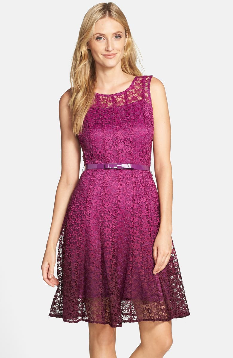 Chetta B Belted Ombré Lace Fit & Flare Dress | Nordstrom