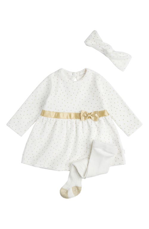 FIRSTS by Petit Lem Gold Dot Long Sleeve Dress, Tights & Headband Set Off White at Nordstrom,