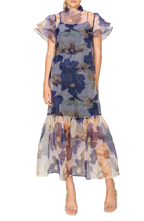 Shop Melloday Floral Chiffon Maxi Dress In Navy