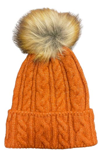 Marcus Adler Faux Fur Pom Cable Knit Beanie In Rust