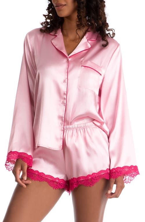 Felicity Lace Trim Long Sleeve Satin Shorts Pajamas in Pink