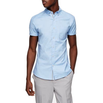 Topman Stripe Tape Short Sleeve Button-Down Shirt, Blue