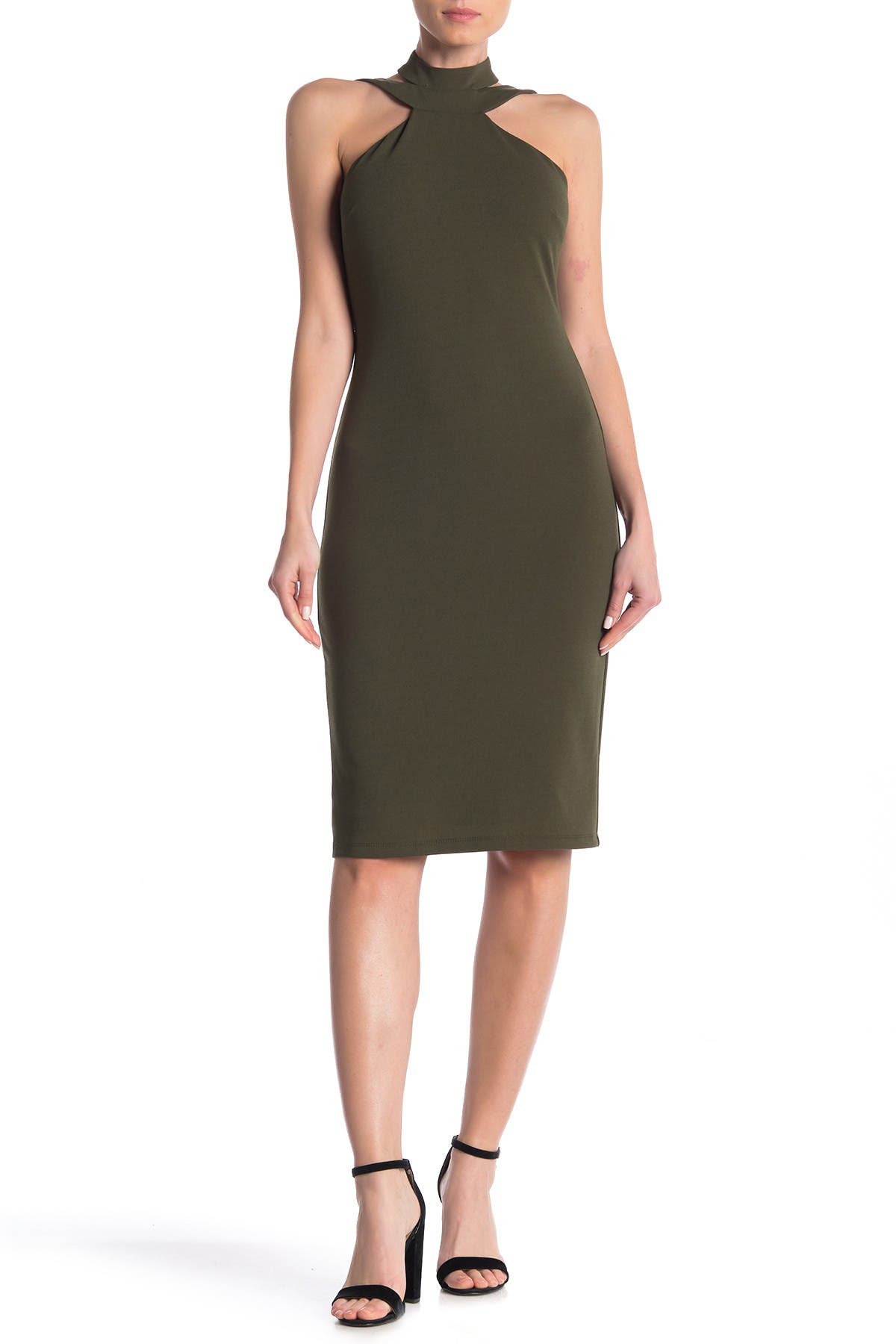 bebe mock neck strappy crepe dress