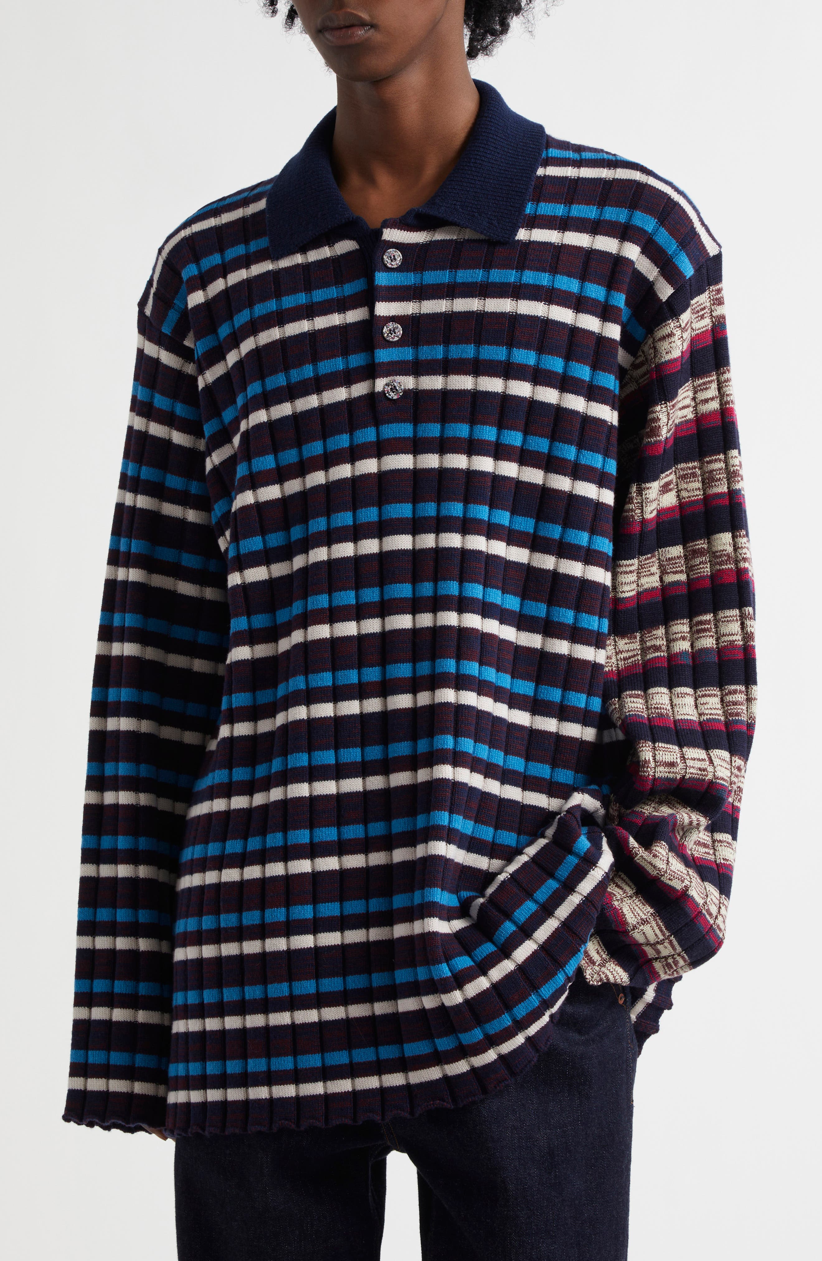 Waste Yarn Project Aino Big Rib One of a Kind Polo Sweater in Blue Multi 