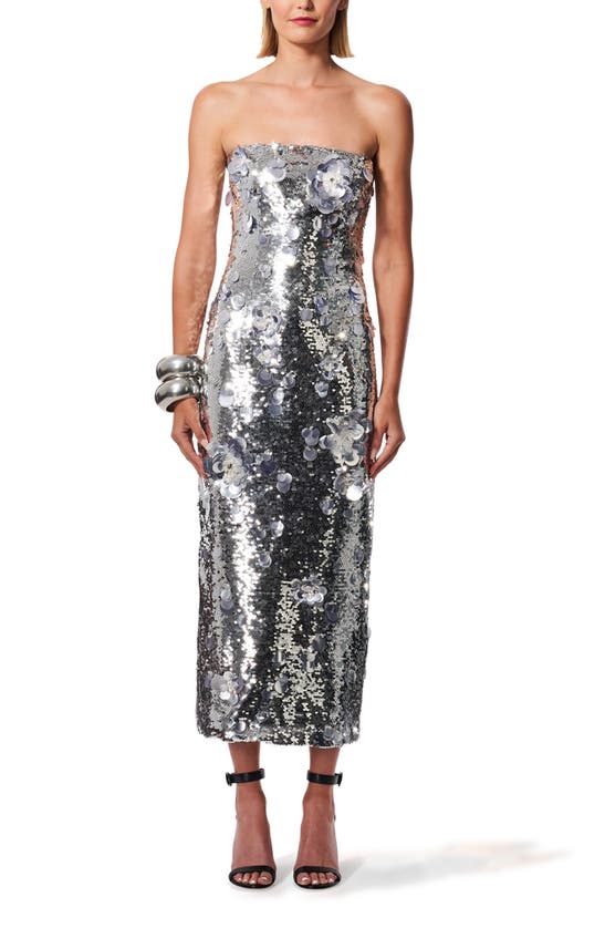 Shop Carolina Herrera Sequin 3d Floral Paillette Strapless Midi Dress In Silver