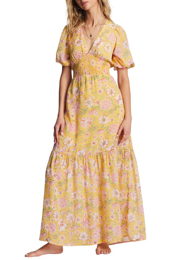 Billabong Spellbound Floral Smocked Maxi Dress In Golden Peach
