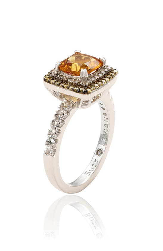 Suzy Levian Sterling Silver Purple Amethyst Cushion Cut And Sapphire Accent Ring In Yellow