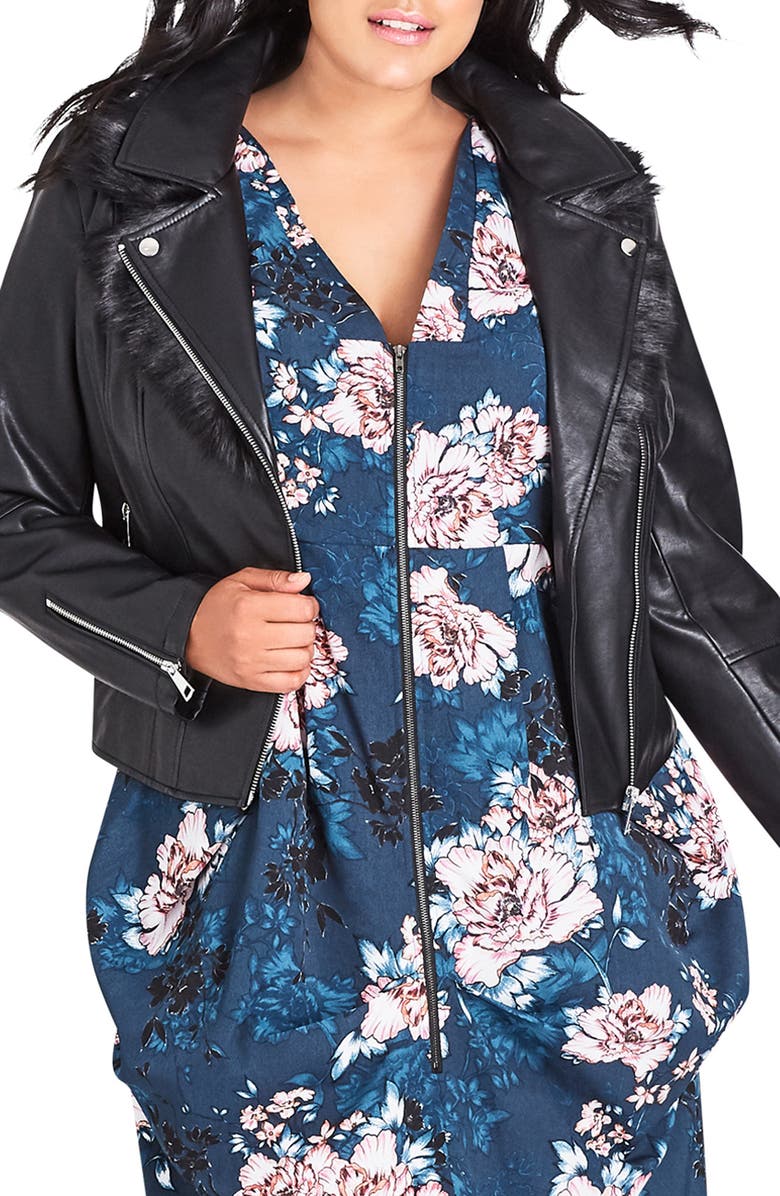 City Chic Faux Leather Jacket With Fur Collar Trim
