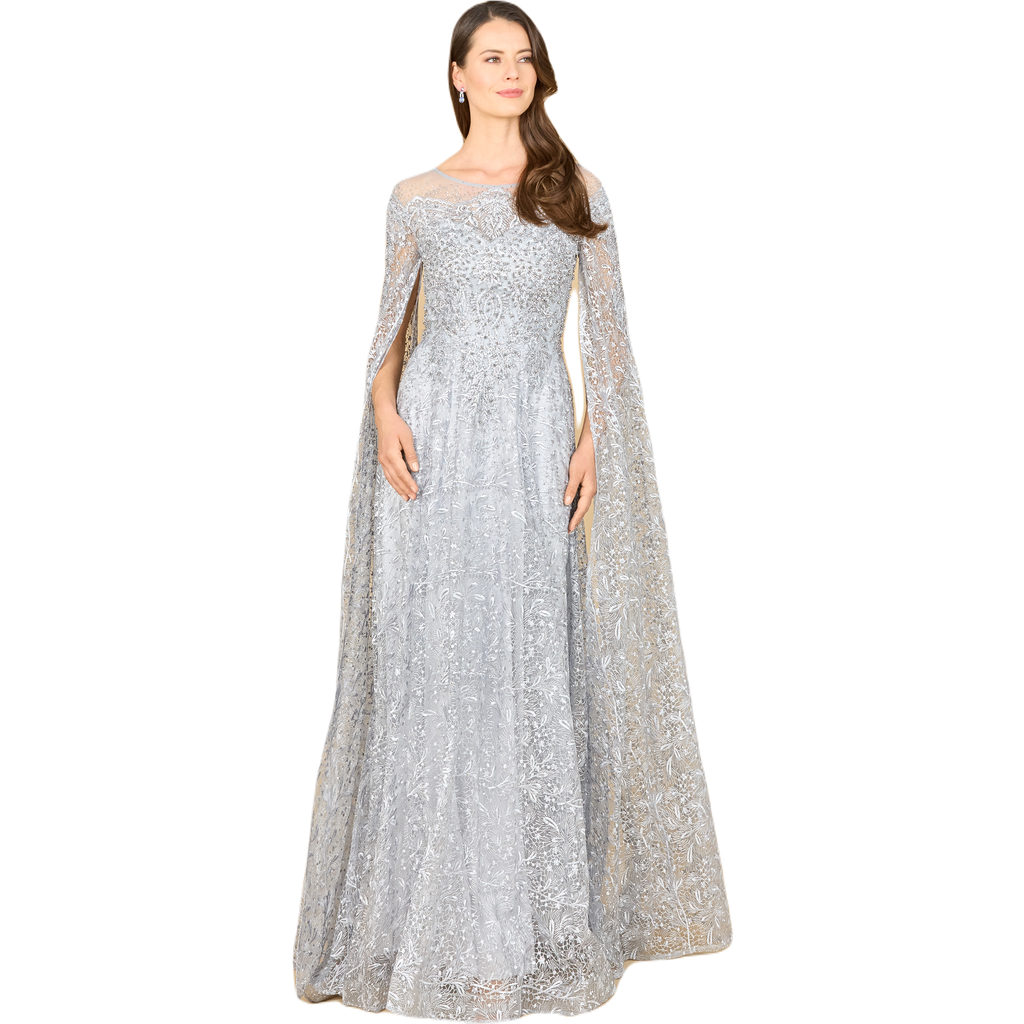 Lara New York Lace Gown With Dramatic Cape Sleeves In Slate