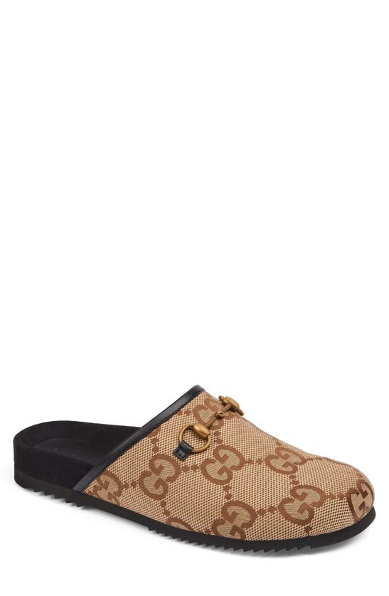 Gucci Horsebit Gg-supreme Canvas Backless Loafers In Camel Ebony/ Black