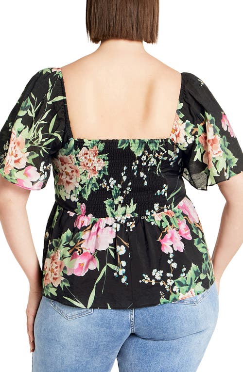 City Chic Marci Floral Flutter Sleeve Top In Black Sweet Blossom