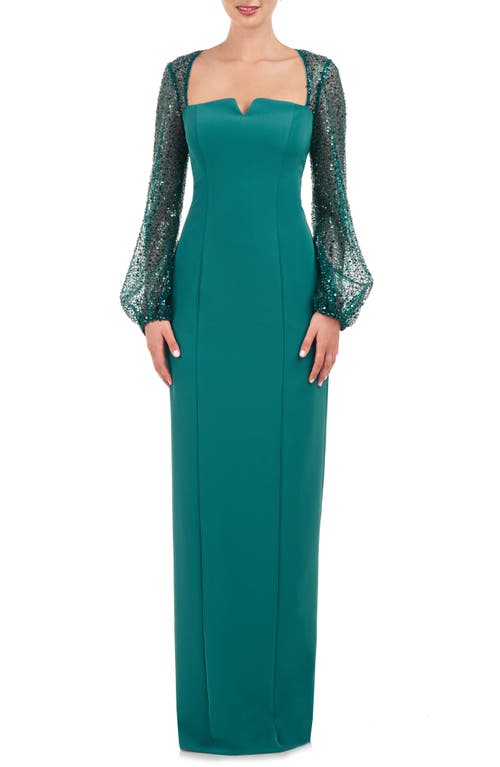 Kim Sequin Long Sleeve Column Gown in Teal