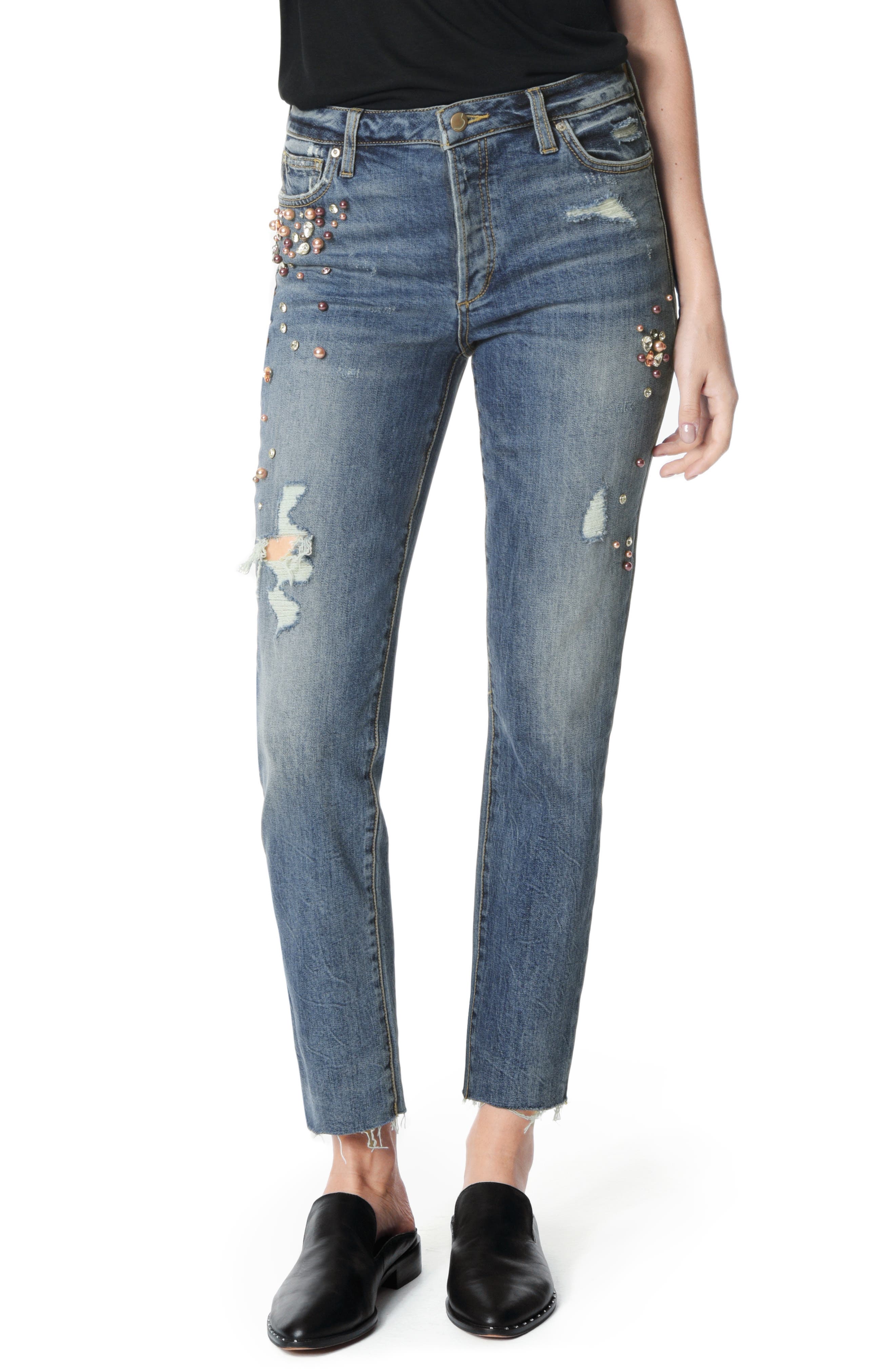 high waisted embellished jeans