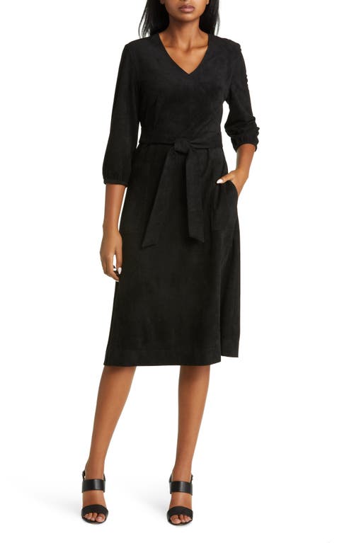 Ming Wang Tie Front V-Neck Faux Suede Dress in Black